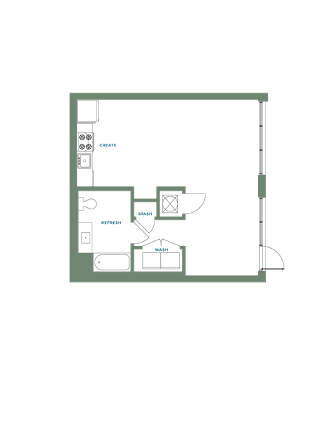 Floor plan for 1 bed, 1 bath, 618 sqft